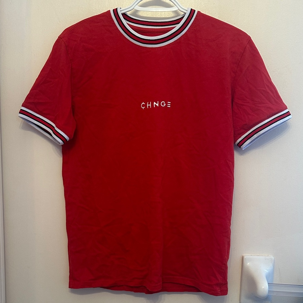 CHNGE Red Short Sleeve Tee with Striped Accents